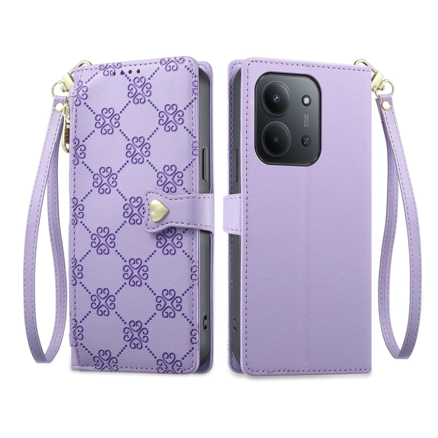 For Redmi 15C 5G / 4G 171mm / Poco C85 4G Zipper Wallet Heart Buckle Vegan Leather Phone Case with Wrist Strap(Purple)