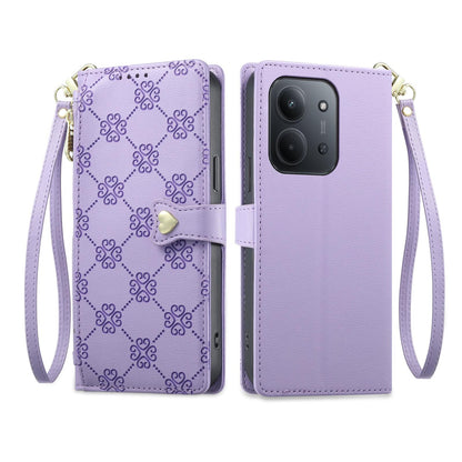 For Redmi 15C 5G / 4G 171mm / Poco C85 4G Zipper Wallet Heart Buckle Vegan Leather Phone Case with Wrist Strap(Purple)