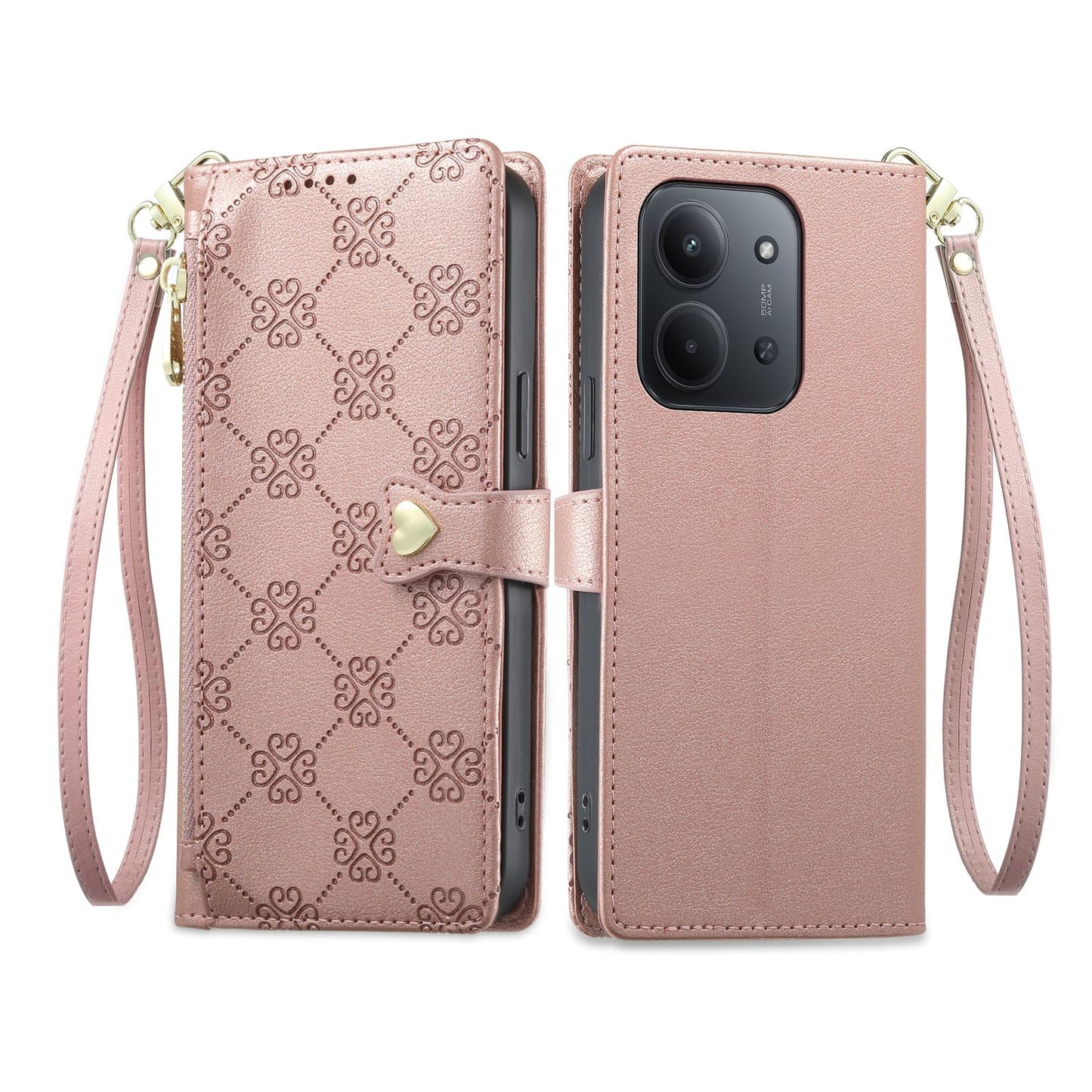 For Redmi 15C 5G / 4G EU 173mm Zipper Wallet Heart Buckle Vegan Leather Phone Case with Wrist Strap(Pink)