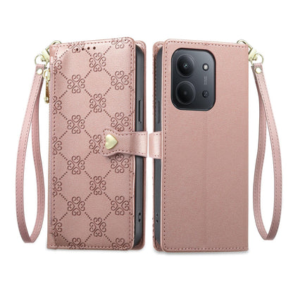 For Redmi 15C 5G / 4G EU 173mm Zipper Wallet Heart Buckle Vegan Leather Phone Case with Wrist Strap(Pink)
