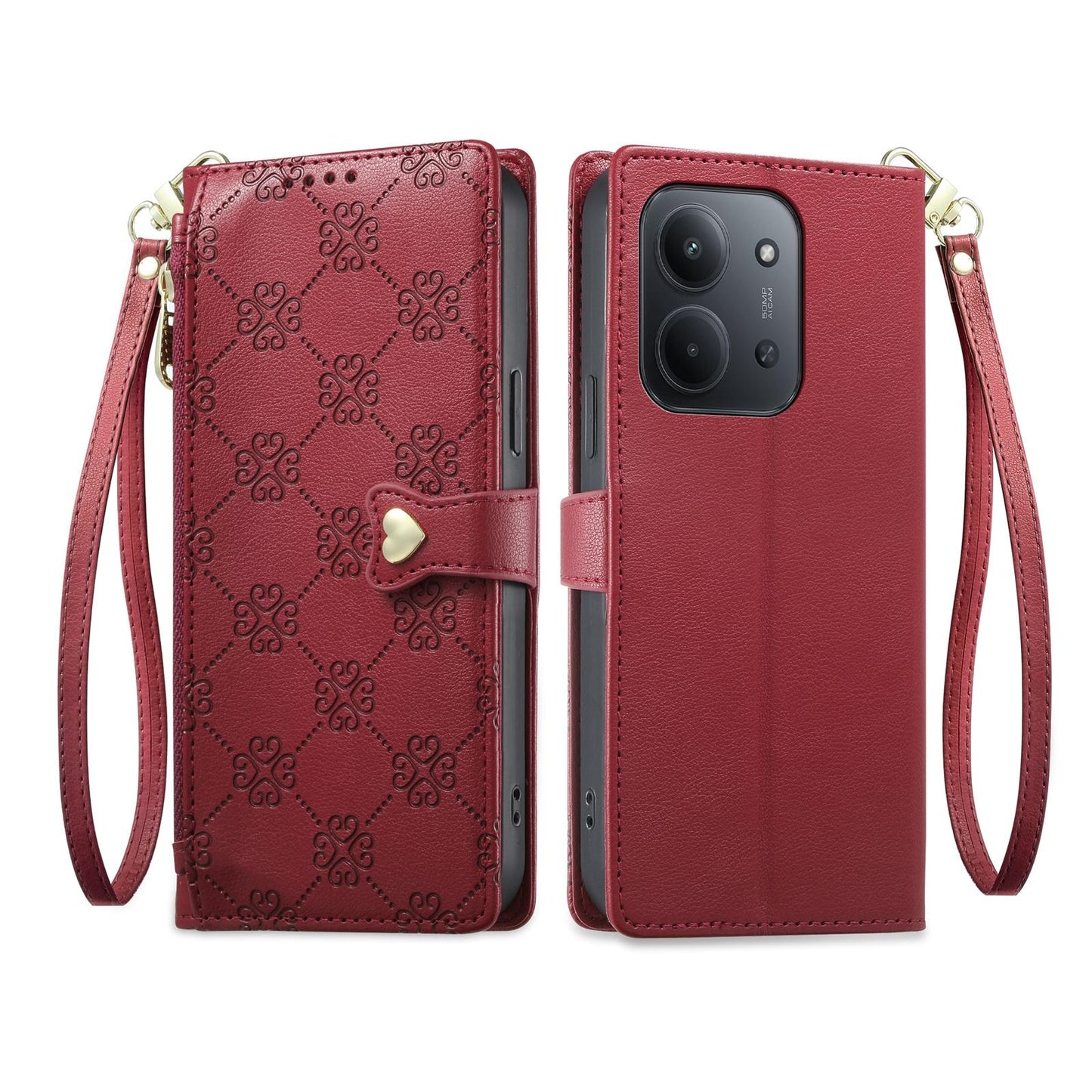 For Redmi 15C 5G / 4G EU 173mm Zipper Wallet Heart Buckle Vegan Leather Phone Case with Wrist Strap(Red)