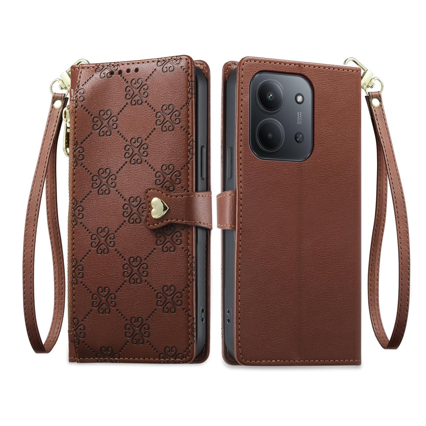 For Redmi 15C 5G / 4G EU 173mm Zipper Wallet Heart Buckle Vegan Leather Phone Case with Wrist Strap(Brown)