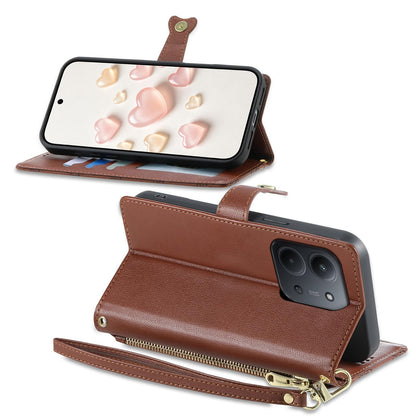 For Redmi 15C 5G / 4G EU 173mm Zipper Wallet Heart Buckle Vegan Leather Phone Case with Wrist Strap(Brown)
