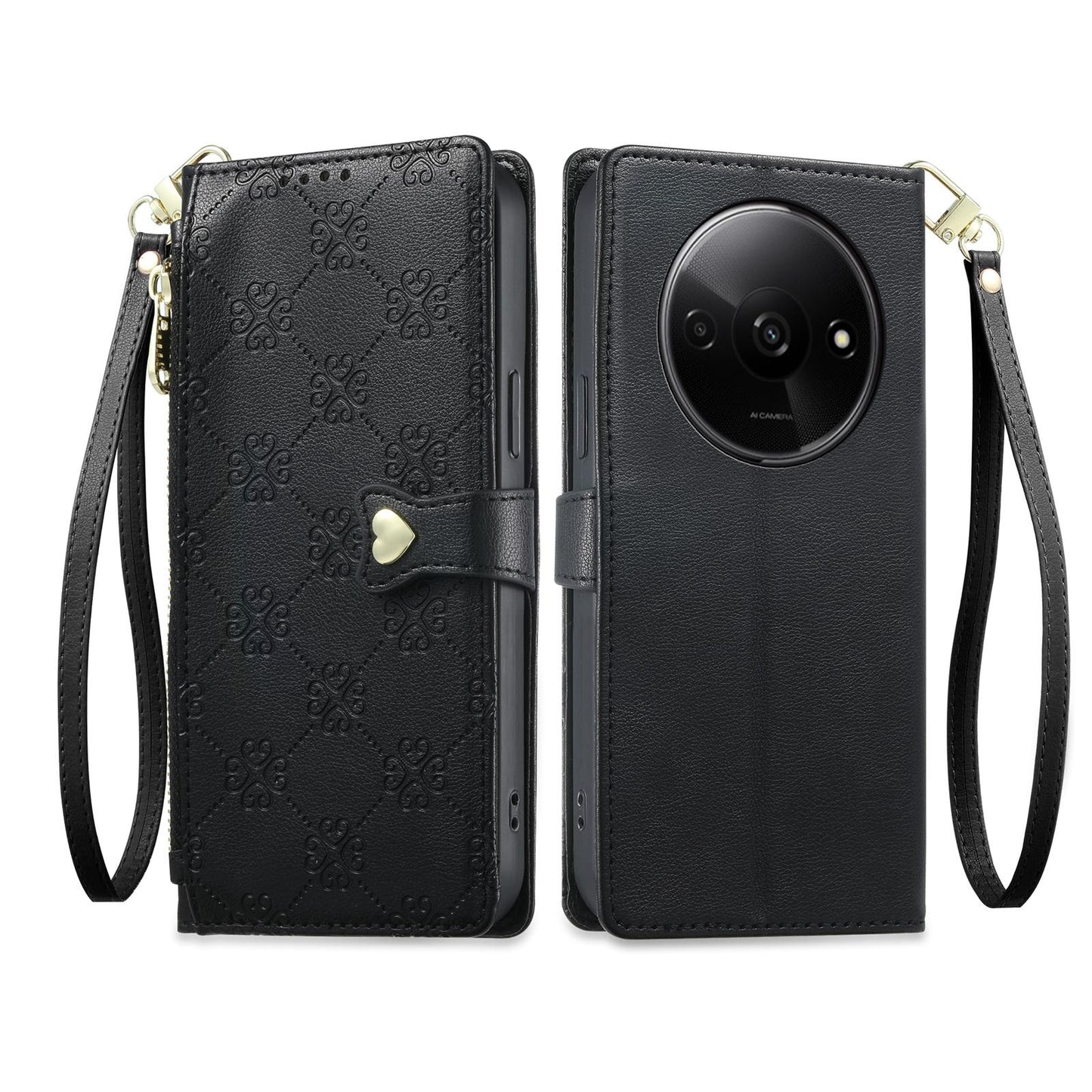 For Redmi A3 / Poco C61 Zipper Wallet Heart Buckle Vegan Leather Phone Case with Wrist Strap(Black)