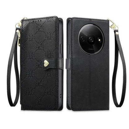 For Redmi A3 / Poco C61 Zipper Wallet Heart Buckle Vegan Leather Phone Case with Wrist Strap(Black)