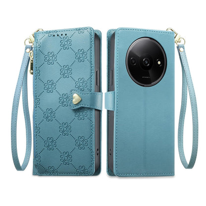 For Redmi A3 / Poco C61 Zipper Wallet Heart Buckle Vegan Leather Phone Case with Wrist Strap(Lake Blue)