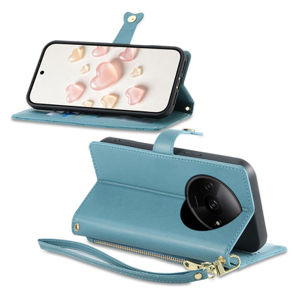 For Redmi A3 / Poco C61 Zipper Wallet Heart Buckle Vegan Leather Phone Case with Wrist Strap(Lake Blue)