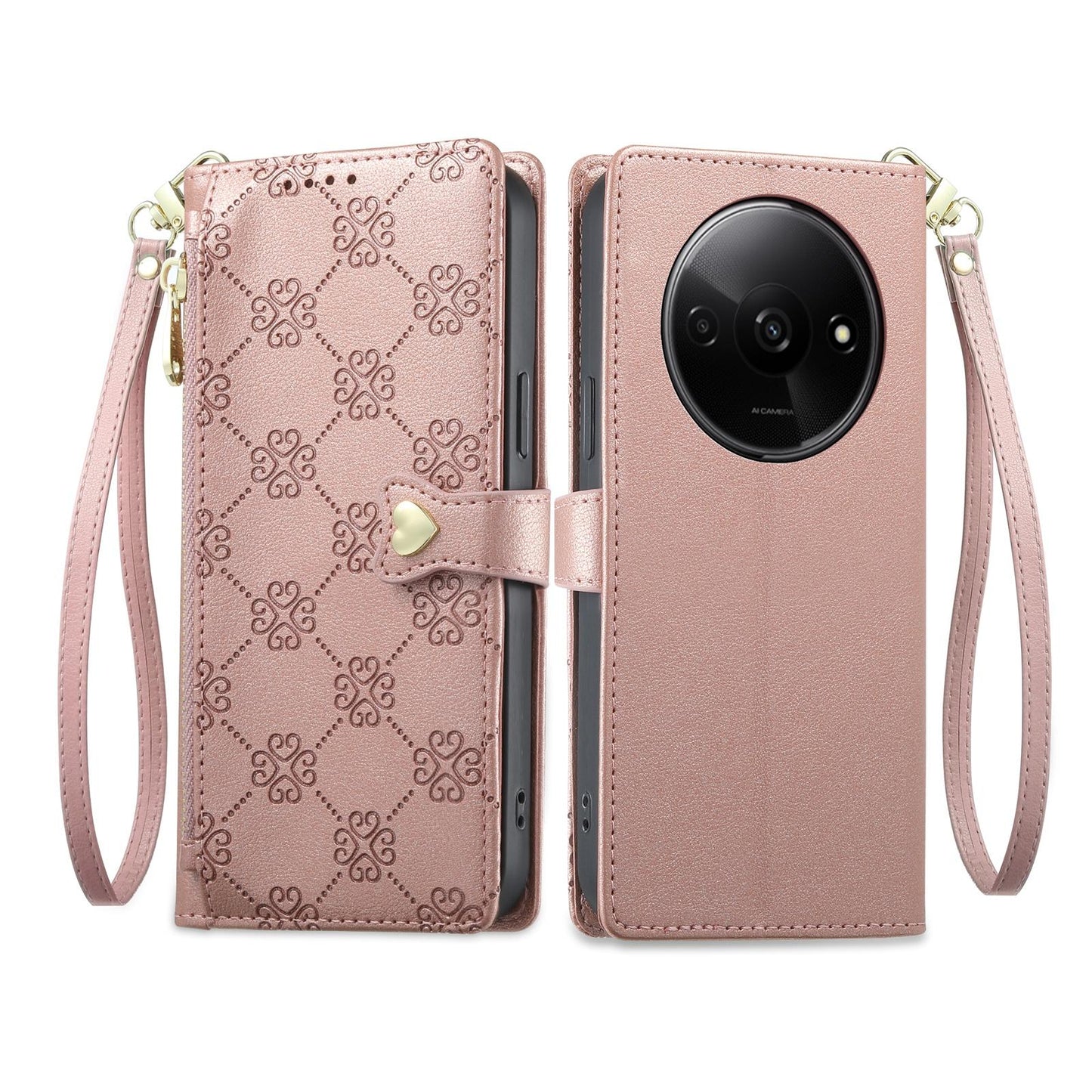 For Redmi A3 / Poco C61 Zipper Wallet Heart Buckle Vegan Leather Phone Case with Wrist Strap(Pink)