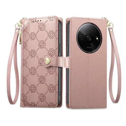 For Redmi A3 / Poco C61 Zipper Wallet Heart Buckle Vegan Leather Phone Case with Wrist Strap(Pink)