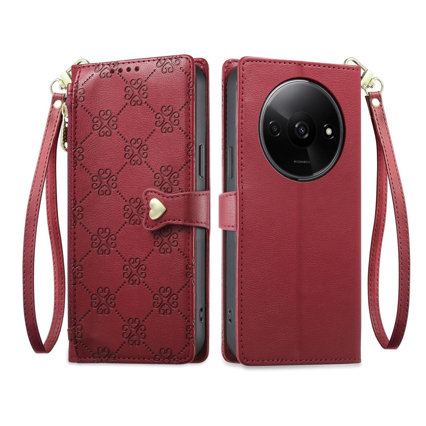 For Redmi A3 / Poco C61 Zipper Wallet Heart Buckle Vegan Leather Phone Case with Wrist Strap(Red)