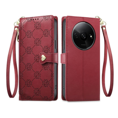 For Redmi A3 / Poco C61 Zipper Wallet Heart Buckle Vegan Leather Phone Case with Wrist Strap(Red)