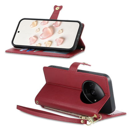For Redmi A3 / Poco C61 Zipper Wallet Heart Buckle Vegan Leather Phone Case with Wrist Strap(Red)