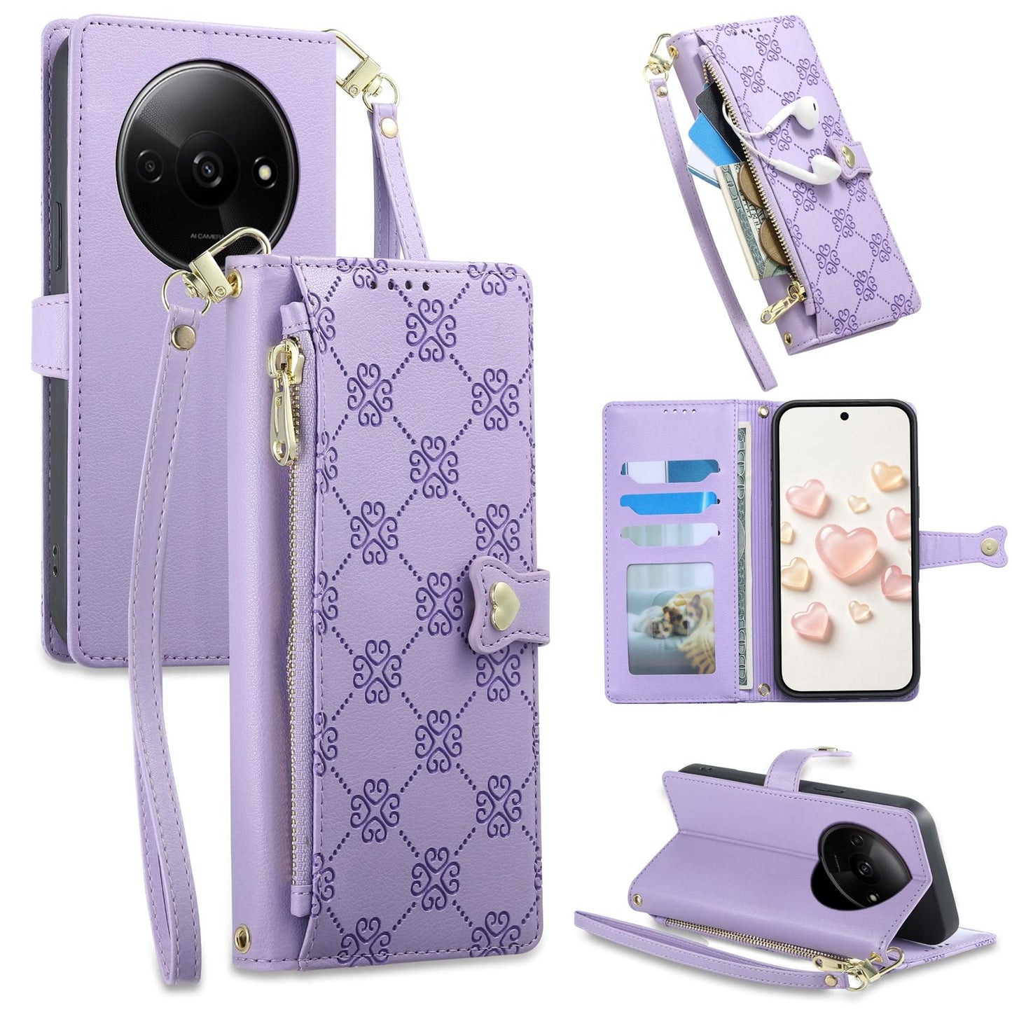 For Redmi A3 / Poco C61 Zipper Wallet Heart Buckle Vegan Leather Phone Case with Wrist Strap(Purple)