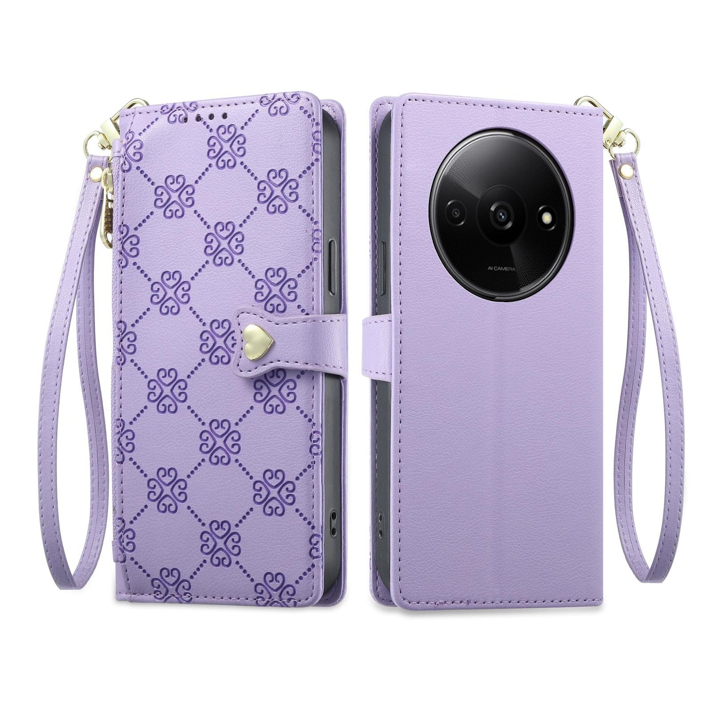 For Redmi A3 / Poco C61 Zipper Wallet Heart Buckle Vegan Leather Phone Case with Wrist Strap(Purple)
