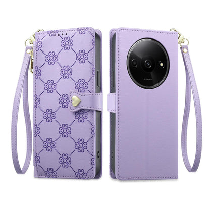 For Redmi A3 / Poco C61 Zipper Wallet Heart Buckle Vegan Leather Phone Case with Wrist Strap(Purple)