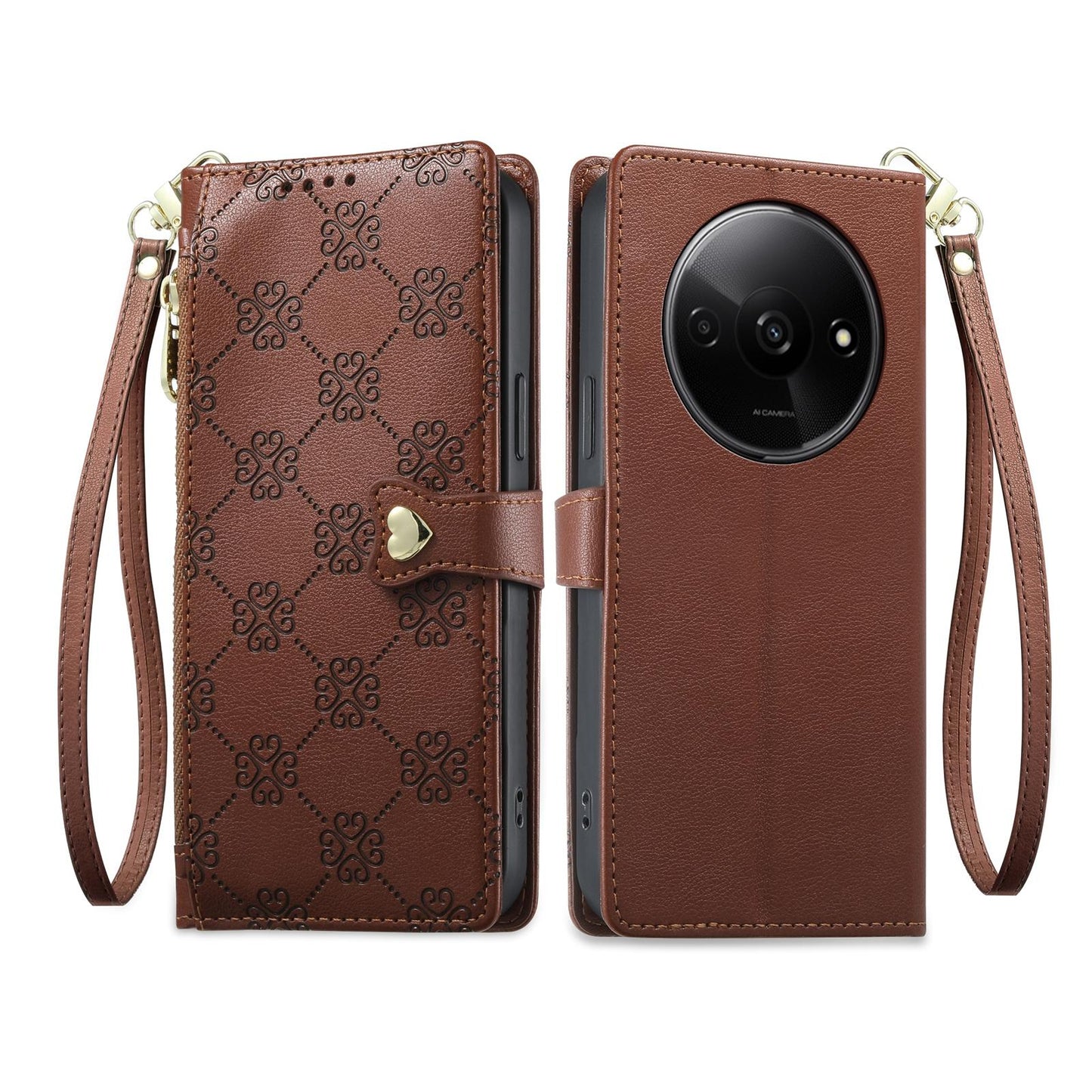 For Redmi A3 / Poco C61 Zipper Wallet Heart Buckle Vegan Leather Phone Case with Wrist Strap(Brown)