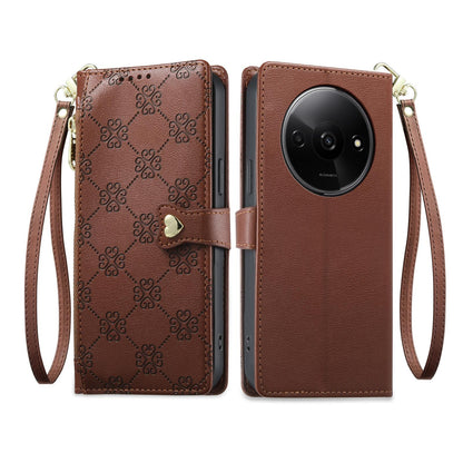 For Redmi A3 / Poco C61 Zipper Wallet Heart Buckle Vegan Leather Phone Case with Wrist Strap(Brown)