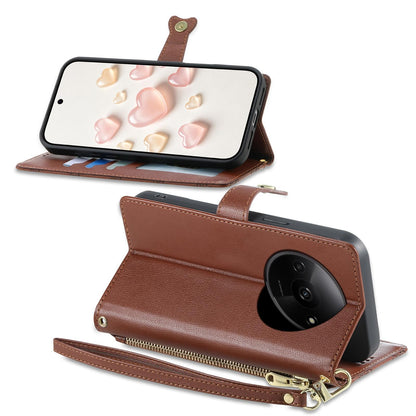 For Redmi A3 / Poco C61 Zipper Wallet Heart Buckle Vegan Leather Phone Case with Wrist Strap(Brown)