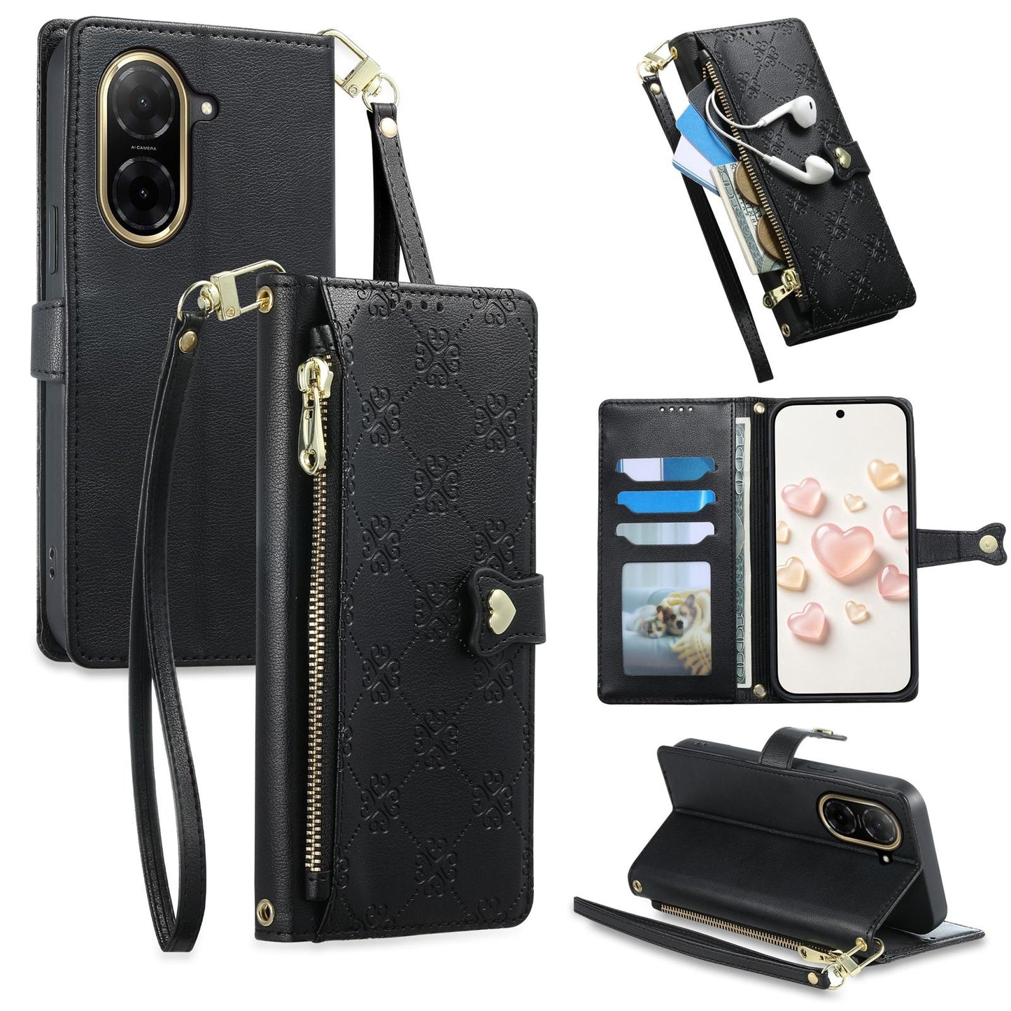 For Redmi A5 4G 171.7mm / Poco C71 Zipper Wallet Heart Buckle Vegan Leather Phone Case with Wrist Strap(Black)