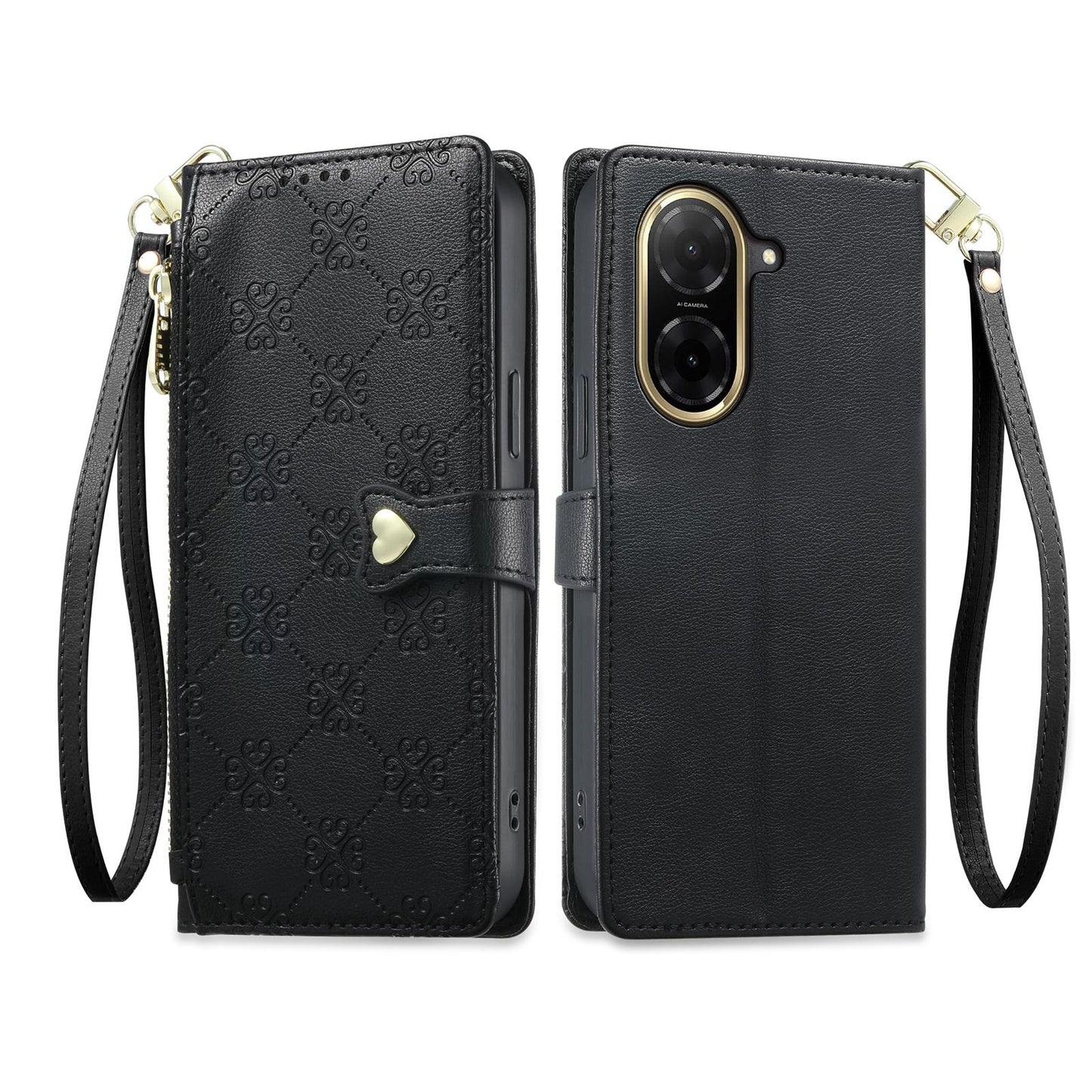 For Redmi A5 4G 171.7mm / Poco C71 Zipper Wallet Heart Buckle Vegan Leather Phone Case with Wrist Strap(Black)