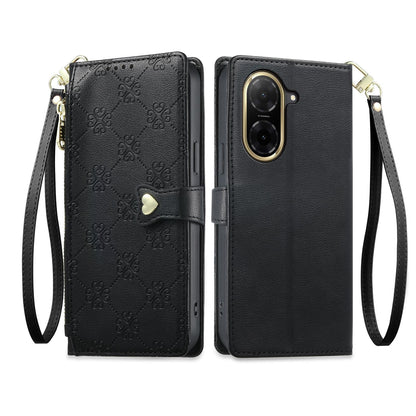 For Redmi A5 4G 171.7mm / Poco C71 Zipper Wallet Heart Buckle Vegan Leather Phone Case with Wrist Strap(Black)