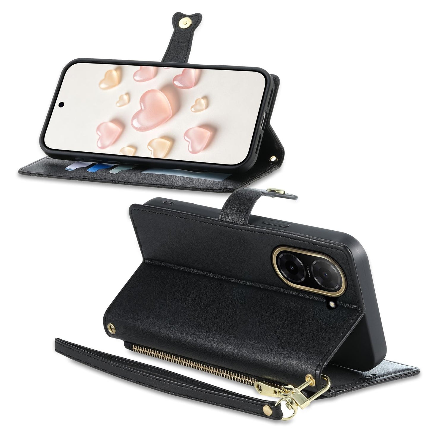 For Redmi A5 4G 171.7mm / Poco C71 Zipper Wallet Heart Buckle Vegan Leather Phone Case with Wrist Strap(Black)