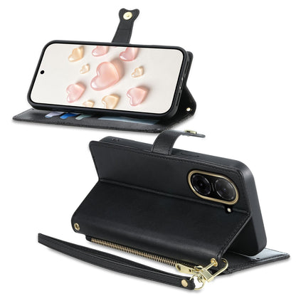 For Redmi A5 4G 171.7mm / Poco C71 Zipper Wallet Heart Buckle Vegan Leather Phone Case with Wrist Strap(Black)