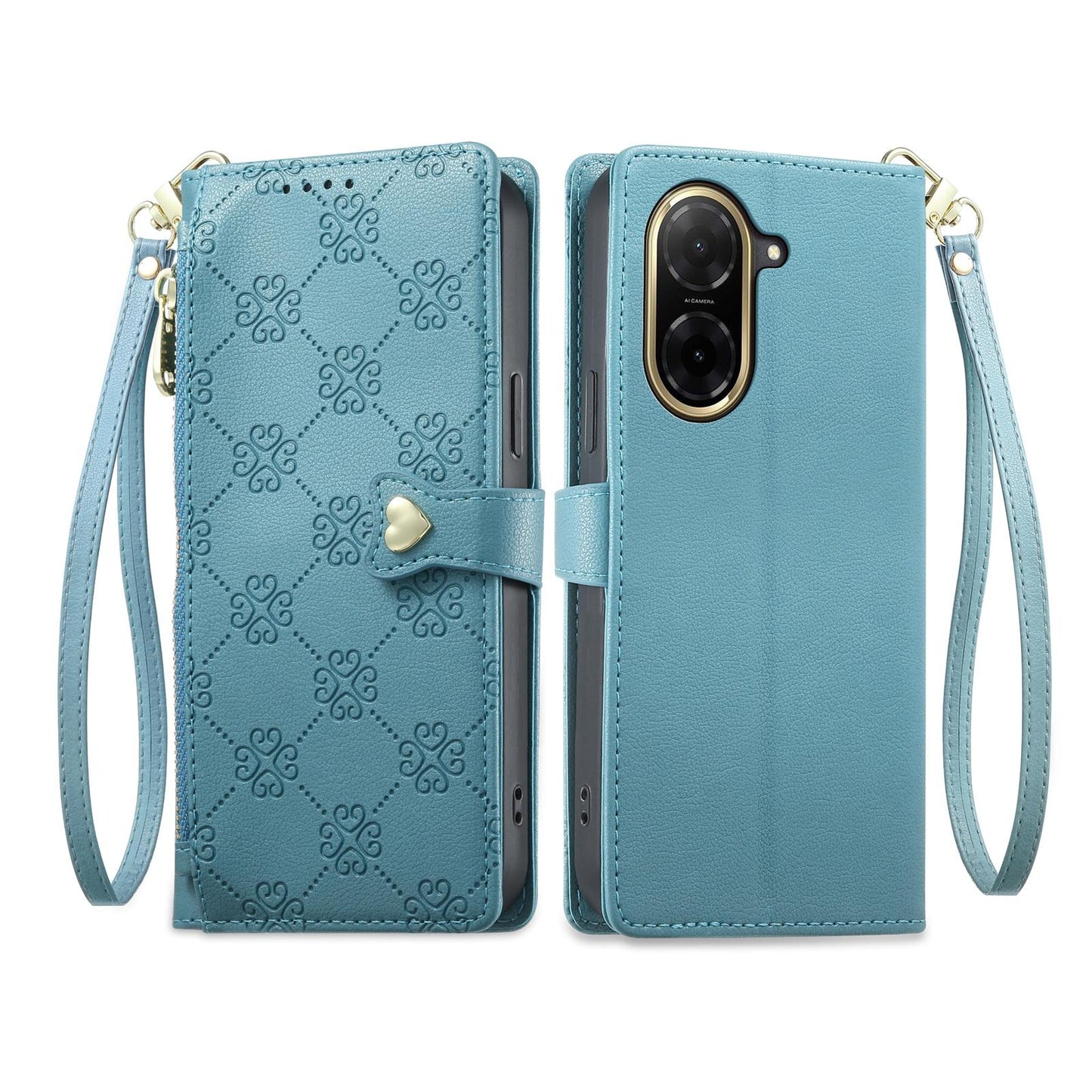 For Redmi A5 4G 171.7mm / Poco C71 Zipper Wallet Heart Buckle Vegan Leather Phone Case with Wrist Strap(Lake Blue)
