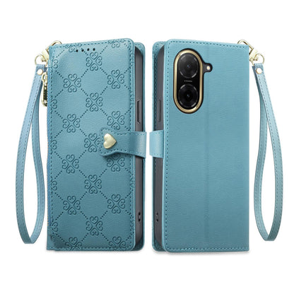 For Redmi A5 4G 171.7mm / Poco C71 Zipper Wallet Heart Buckle Vegan Leather Phone Case with Wrist Strap(Lake Blue)