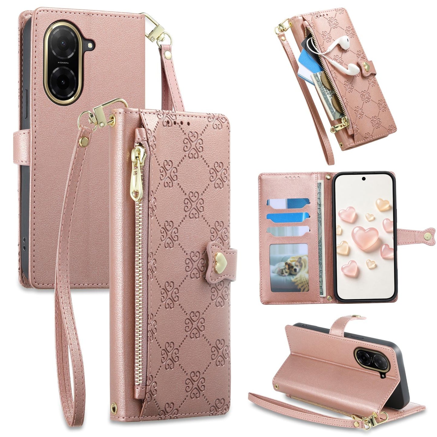 For Redmi A5 4G 171.7mm / Poco C71 Zipper Wallet Heart Buckle Vegan Leather Phone Case with Wrist Strap(Pink)
