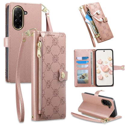 For Redmi A5 4G 171.7mm / Poco C71 Zipper Wallet Heart Buckle Vegan Leather Phone Case with Wrist Strap(Pink)