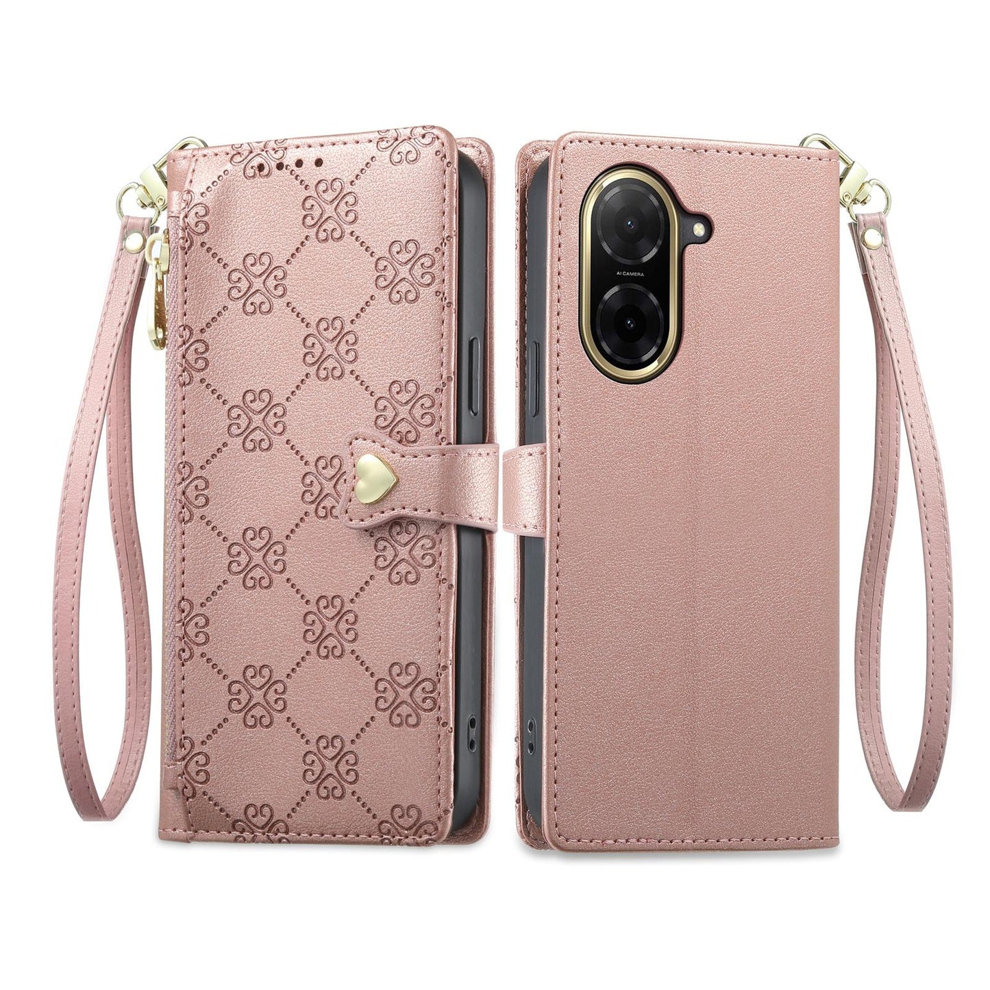 For Redmi A5 4G 171.7mm / Poco C71 Zipper Wallet Heart Buckle Vegan Leather Phone Case with Wrist Strap(Pink)