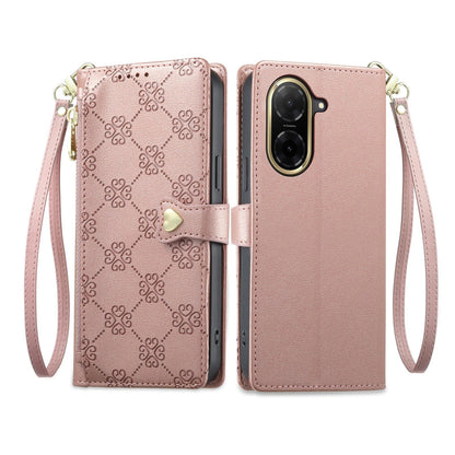 For Redmi A5 4G 171.7mm / Poco C71 Zipper Wallet Heart Buckle Vegan Leather Phone Case with Wrist Strap(Pink)
