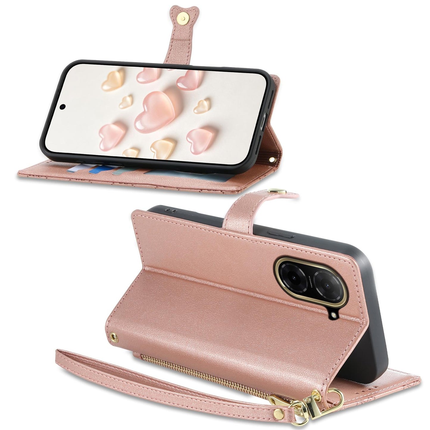 For Redmi A5 4G 171.7mm / Poco C71 Zipper Wallet Heart Buckle Vegan Leather Phone Case with Wrist Strap(Pink)