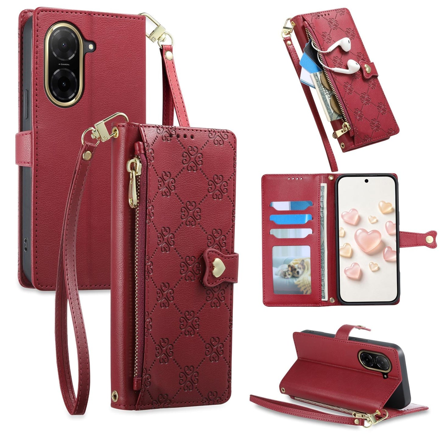 For Redmi A5 4G 171.7mm / Poco C71 Zipper Wallet Heart Buckle Vegan Leather Phone Case with Wrist Strap(Red)