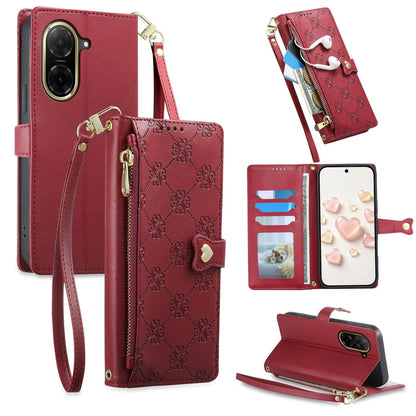 For Redmi A5 4G 171.7mm / Poco C71 Zipper Wallet Heart Buckle Vegan Leather Phone Case with Wrist Strap(Red)