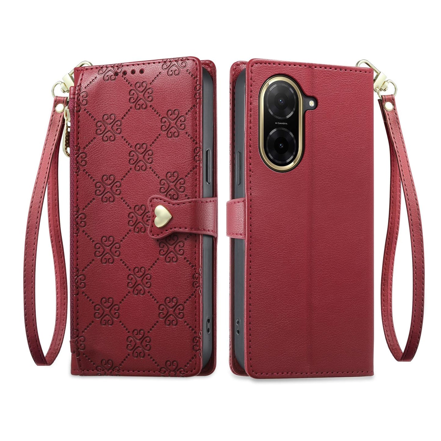 For Redmi A5 4G 171.7mm / Poco C71 Zipper Wallet Heart Buckle Vegan Leather Phone Case with Wrist Strap(Red)