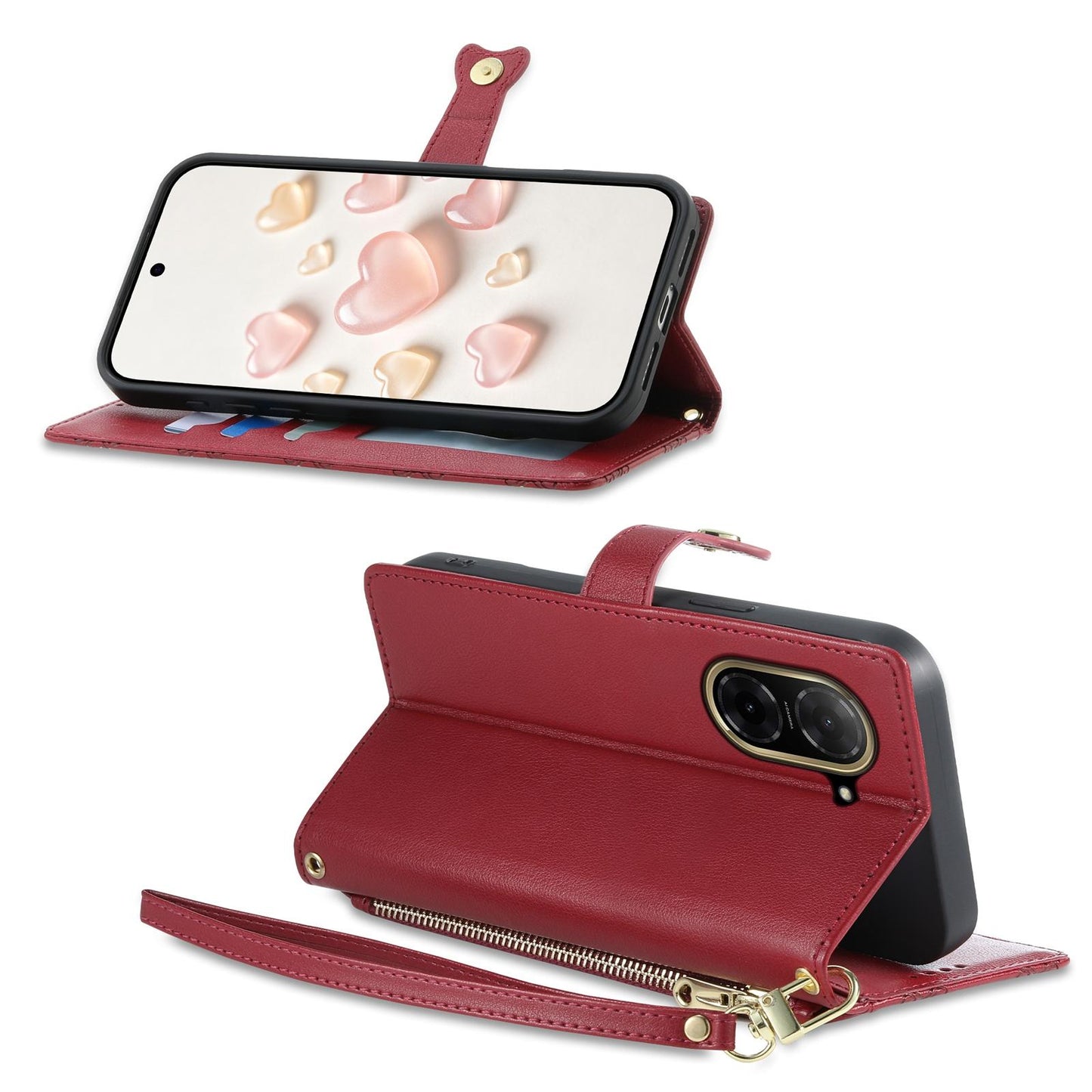 For Redmi A5 4G 171.7mm / Poco C71 Zipper Wallet Heart Buckle Vegan Leather Phone Case with Wrist Strap(Red)