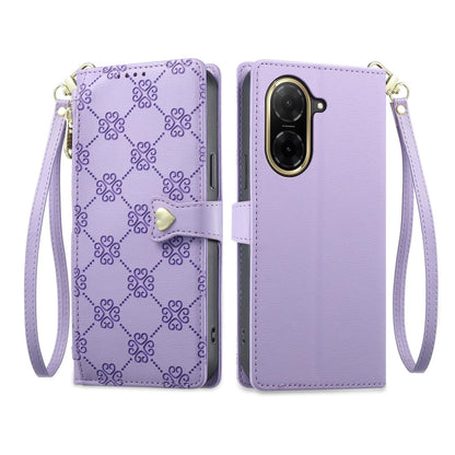 For Redmi A5 4G 171.7mm / Poco C71 Zipper Wallet Heart Buckle Vegan Leather Phone Case with Wrist Strap(Purple)