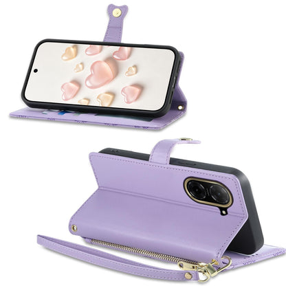 For Redmi A5 4G 171.7mm / Poco C71 Zipper Wallet Heart Buckle Vegan Leather Phone Case with Wrist Strap(Purple)