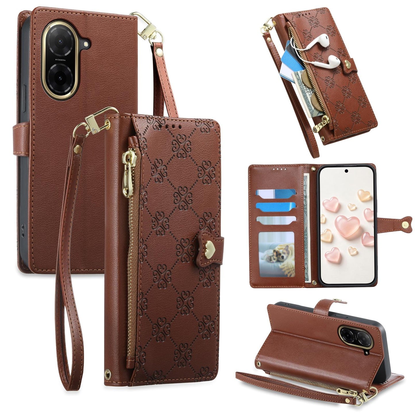 For Redmi A5 4G 171.7mm / Poco C71 Zipper Wallet Heart Buckle Vegan Leather Phone Case with Wrist Strap(Brown)