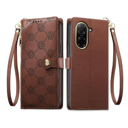 For Redmi A5 4G 171.7mm / Poco C71 Zipper Wallet Heart Buckle Vegan Leather Phone Case with Wrist Strap(Brown)