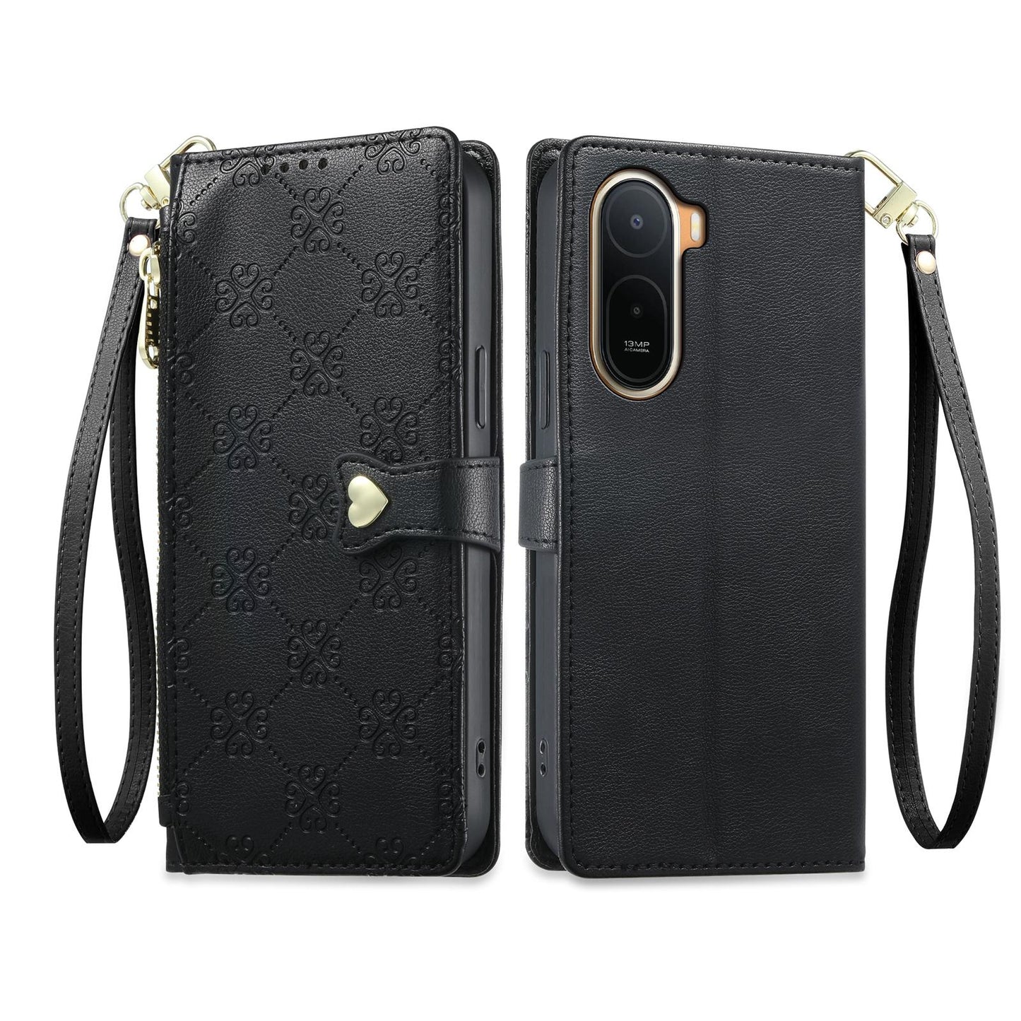 For Redmi A7 Pro 171mm / Poco C85x 5G Zipper Wallet Heart Buckle Vegan Leather Phone Case with Wrist Strap(Black)