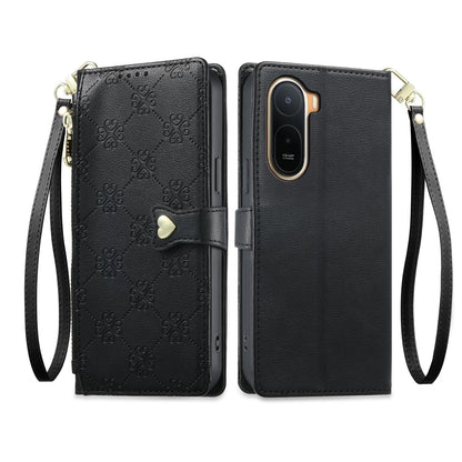 For Redmi A7 Pro 171mm / Poco C85x 5G Zipper Wallet Heart Buckle Vegan Leather Phone Case with Wrist Strap(Black)