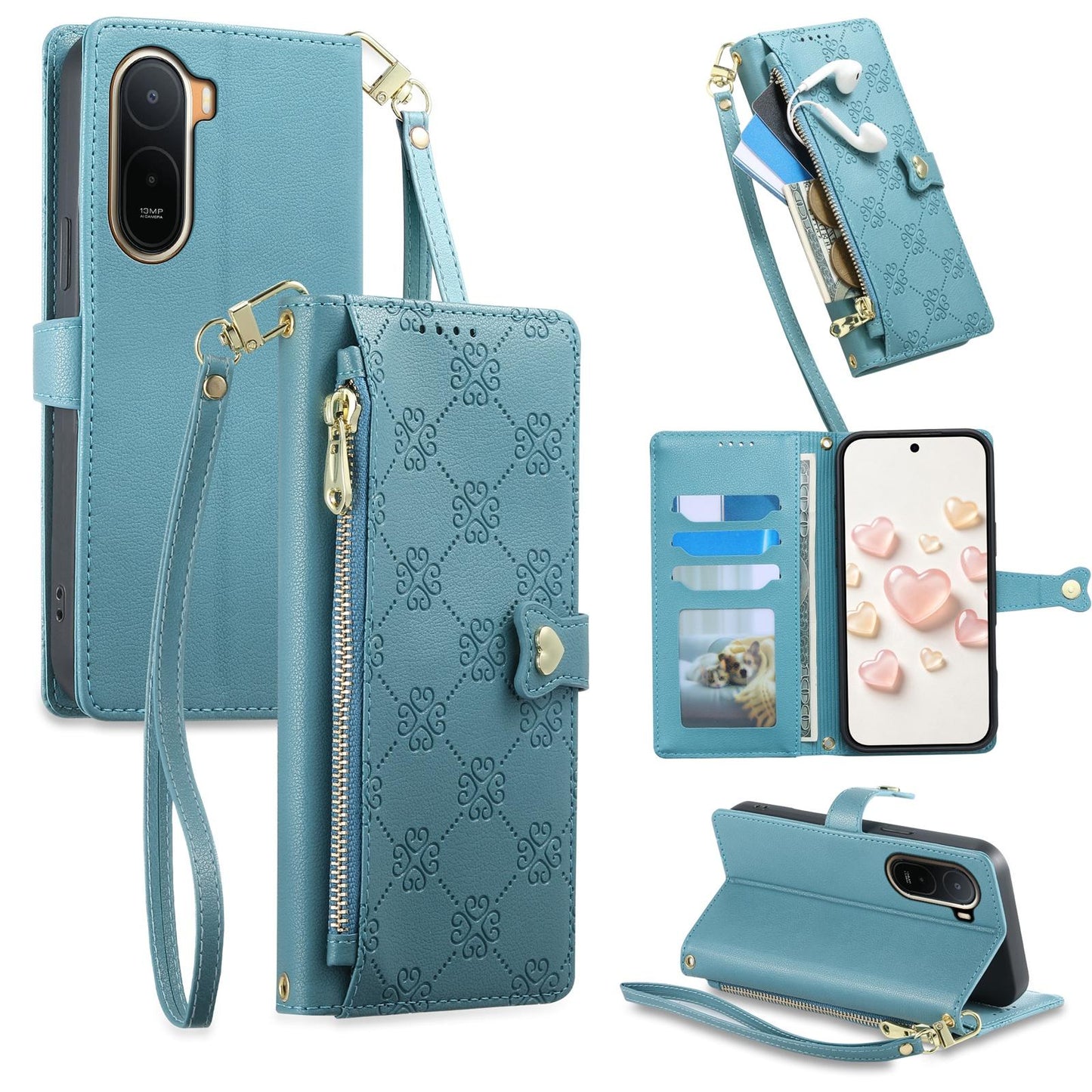For Redmi A7 Pro 171mm / Poco C85x 5G Zipper Wallet Heart Buckle Vegan Leather Phone Case with Wrist Strap(Lake Blue)