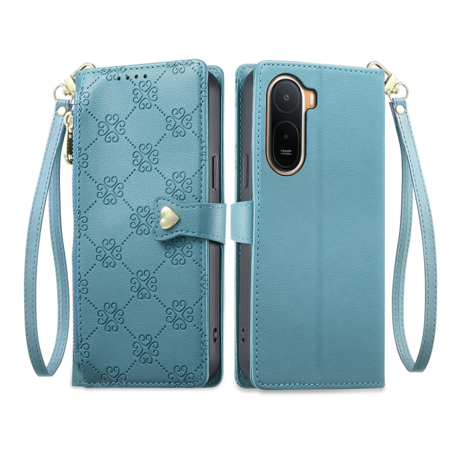For Redmi A7 Pro 171mm / Poco C85x 5G Zipper Wallet Heart Buckle Vegan Leather Phone Case with Wrist Strap(Lake Blue)
