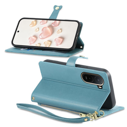 For Redmi A7 Pro 171mm / Poco C85x 5G Zipper Wallet Heart Buckle Vegan Leather Phone Case with Wrist Strap(Lake Blue)