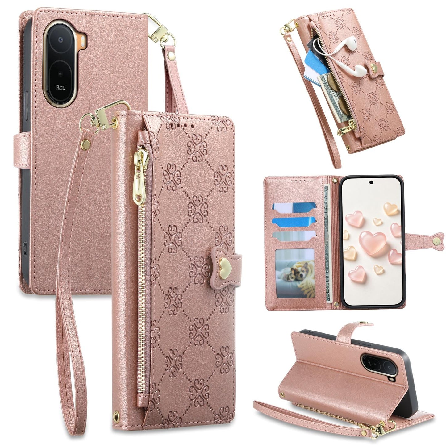 For Redmi A7 Pro 171mm / Poco C85x 5G Zipper Wallet Heart Buckle Vegan Leather Phone Case with Wrist Strap(Pink)