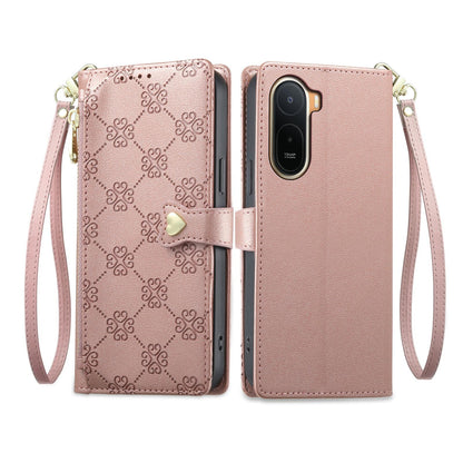For Redmi A7 Pro 171mm / Poco C85x 5G Zipper Wallet Heart Buckle Vegan Leather Phone Case with Wrist Strap(Pink)