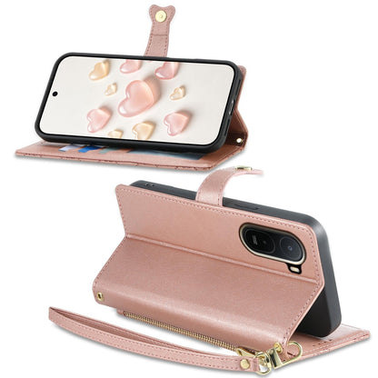 For Redmi A7 Pro 171mm / Poco C85x 5G Zipper Wallet Heart Buckle Vegan Leather Phone Case with Wrist Strap(Pink)